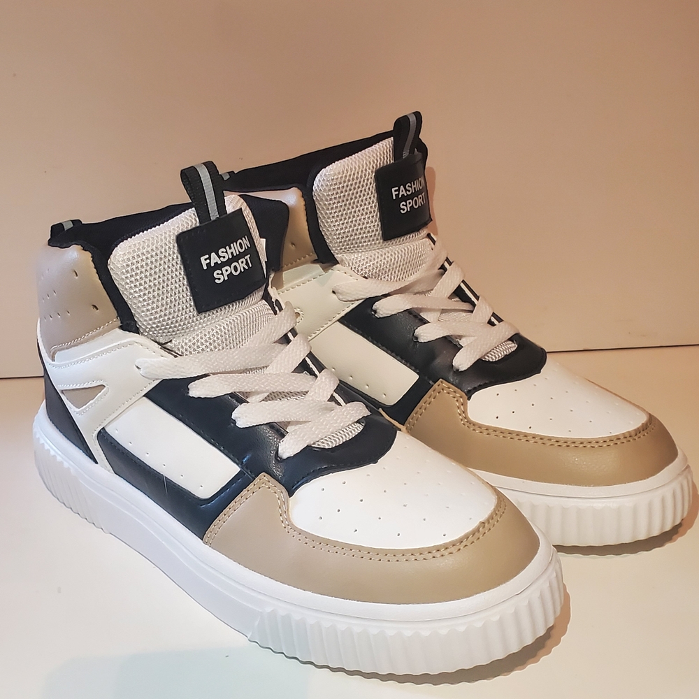 Men 's High-Top Athletic Sneakers in White, Black & Tan